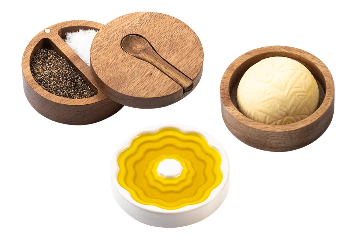 Ceramic olive oil dish, butter dish and salt and pepper cellar